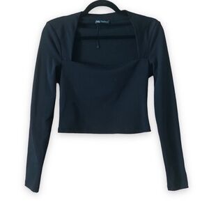 Zara Ribbed Square Neck Long Sleeve Black Crop Top Women's Size M